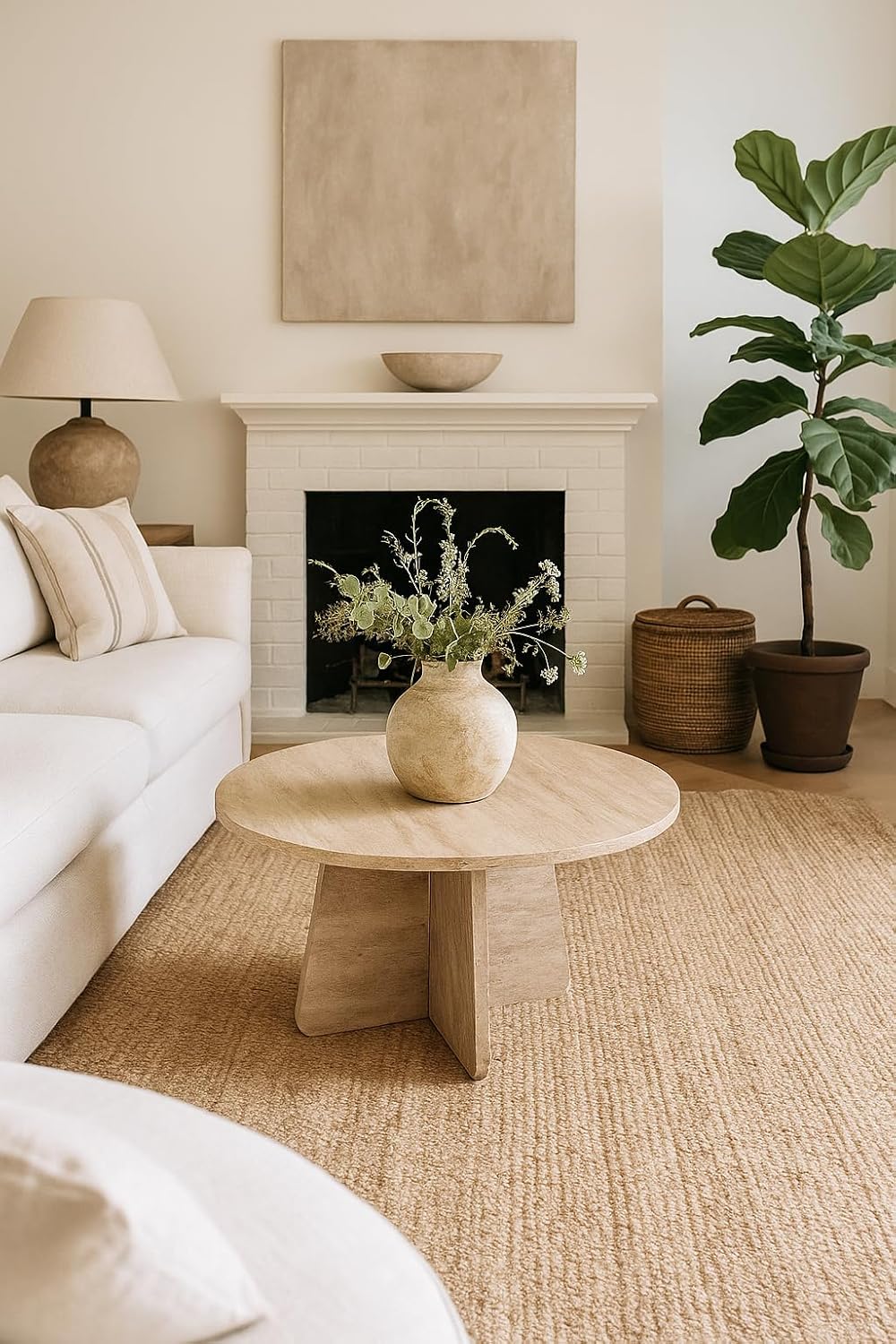 Travertine Efect 28.3 Inches Diameter Coffee Table Modern Side Table for Living Room Accent Table for Sofa or Bedroom (28.3x28.3x16.5 inches)