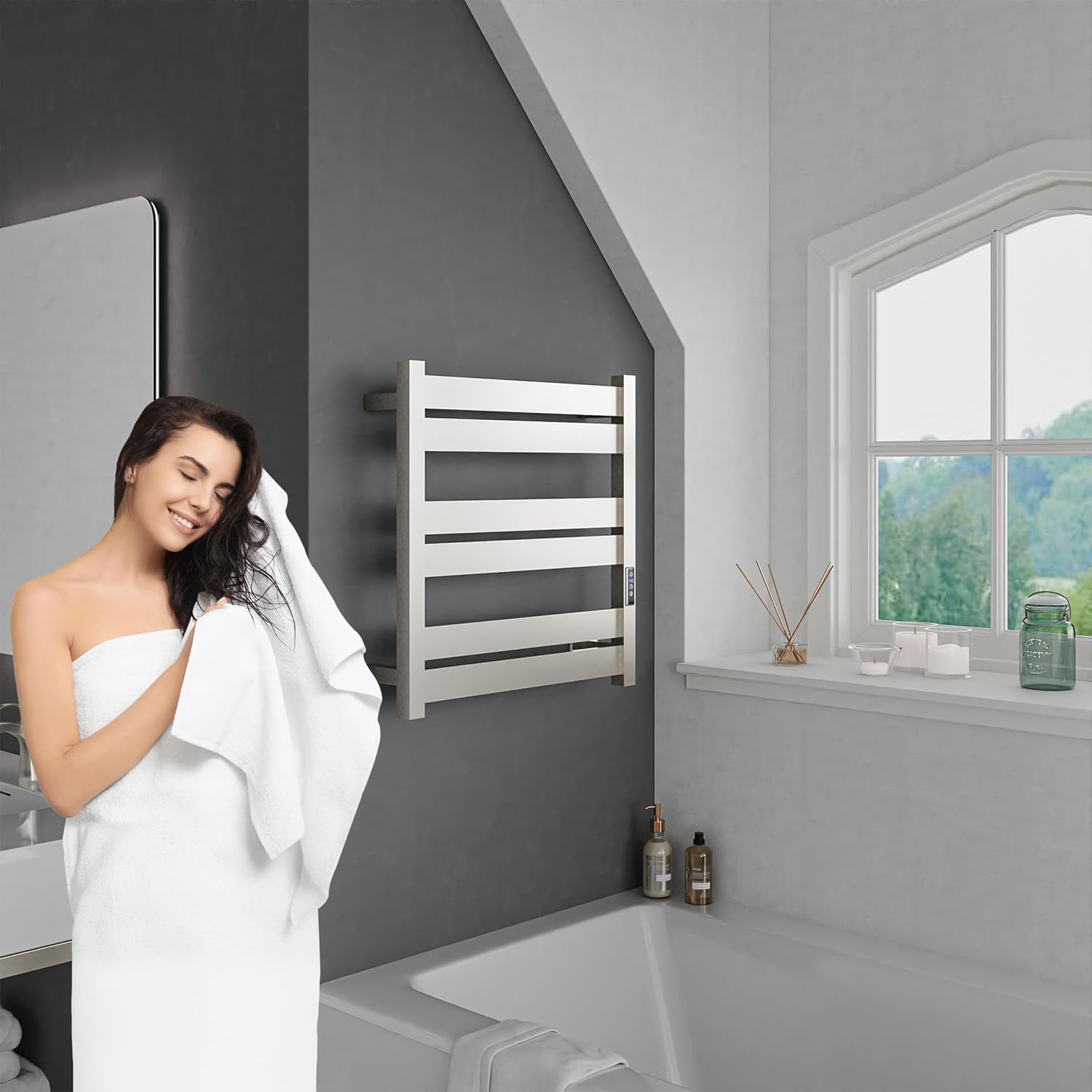 ANZZI Starling 6-Bar Wall Mounted Brushed Nickel Towel Warmer, Energy Efficient 80W Electric Plug in Heated Towel Rack for Bathroom, Stainless Steel Towel Heater Rail Quick Towel Dryer, TW-AZ025BN