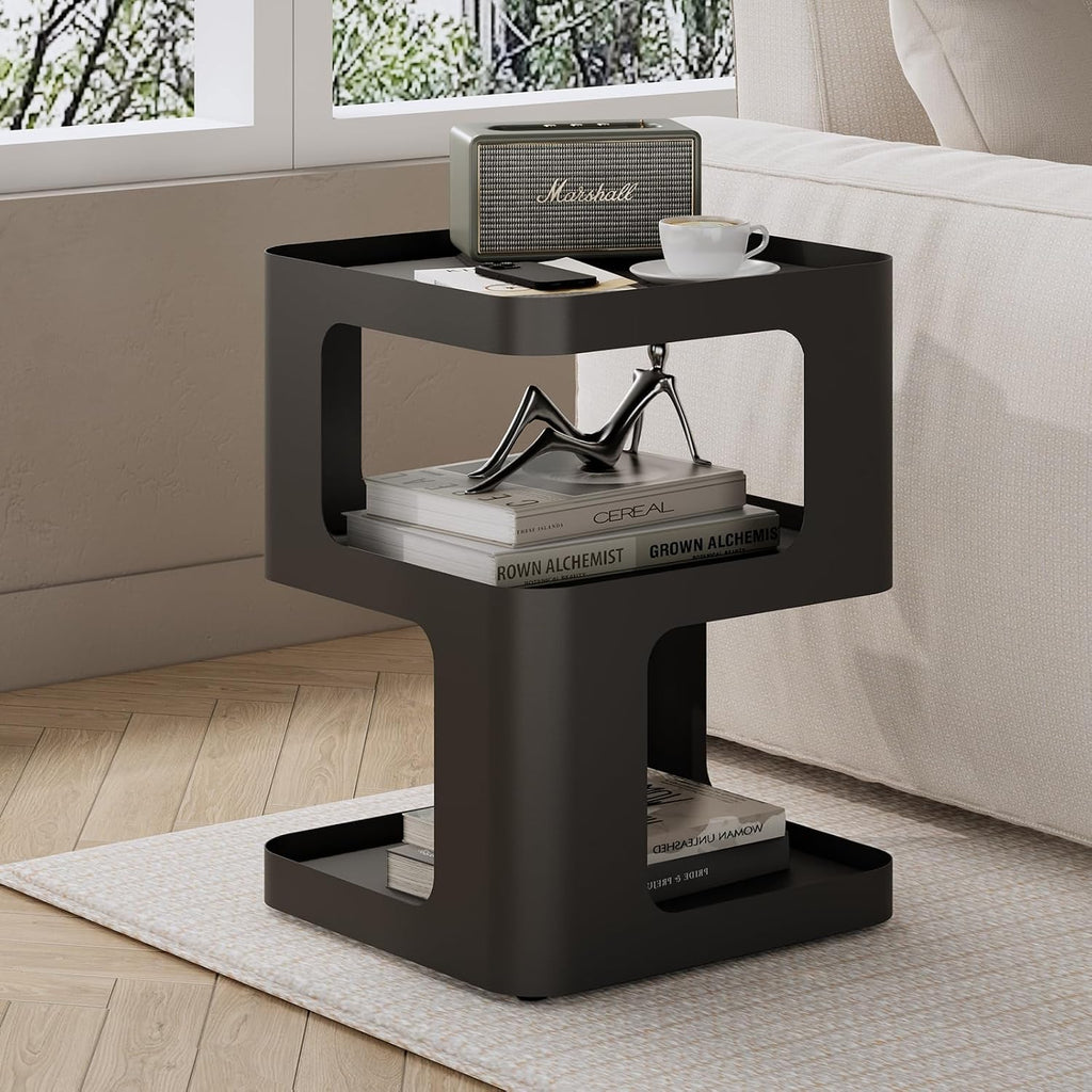Modern Side Table for Sofa & Couch,Black Metal Bedside Table,3 Tier end Tables with Storage for Living Room & Bedroom,Compact Nightstand for Small Spaces,No Assembly Required