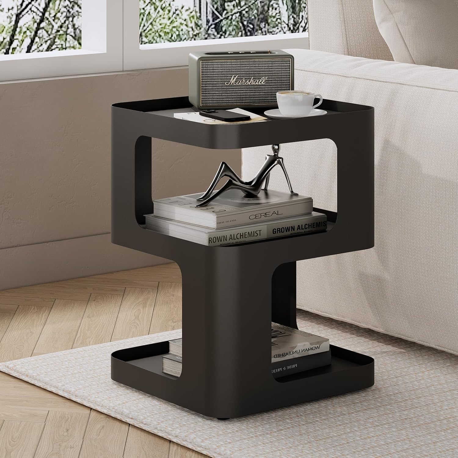 Modern Side Table for Sofa & Couch,Black Metal Bedside Table,3 Tier end Tables with Storage for Living Room & Bedroom,Compact Nightstand for Small Spaces,No Assembly Required