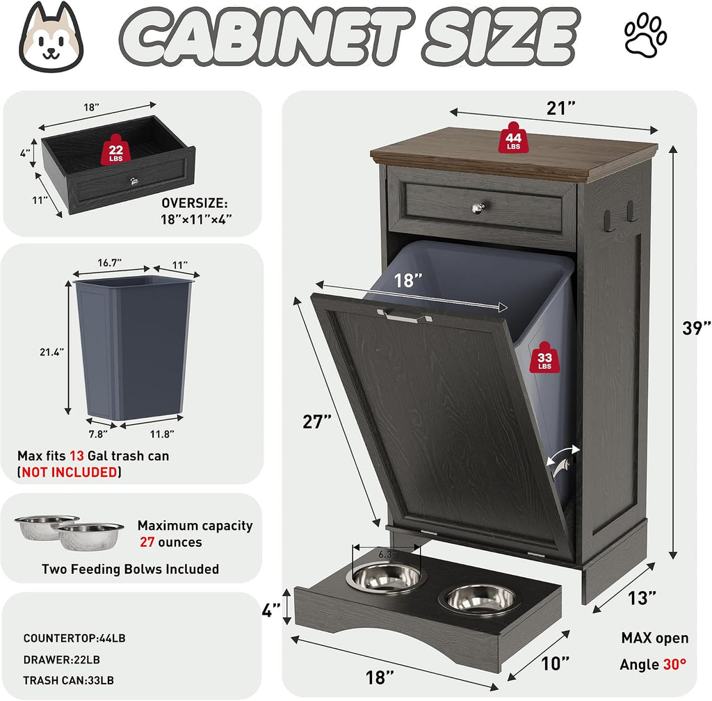 FIMELLO Dog Feeding Station, Tilt-Out Dog Food Storage Cabinet with Drawer,Pet Feeder Cabinet,Black Grain