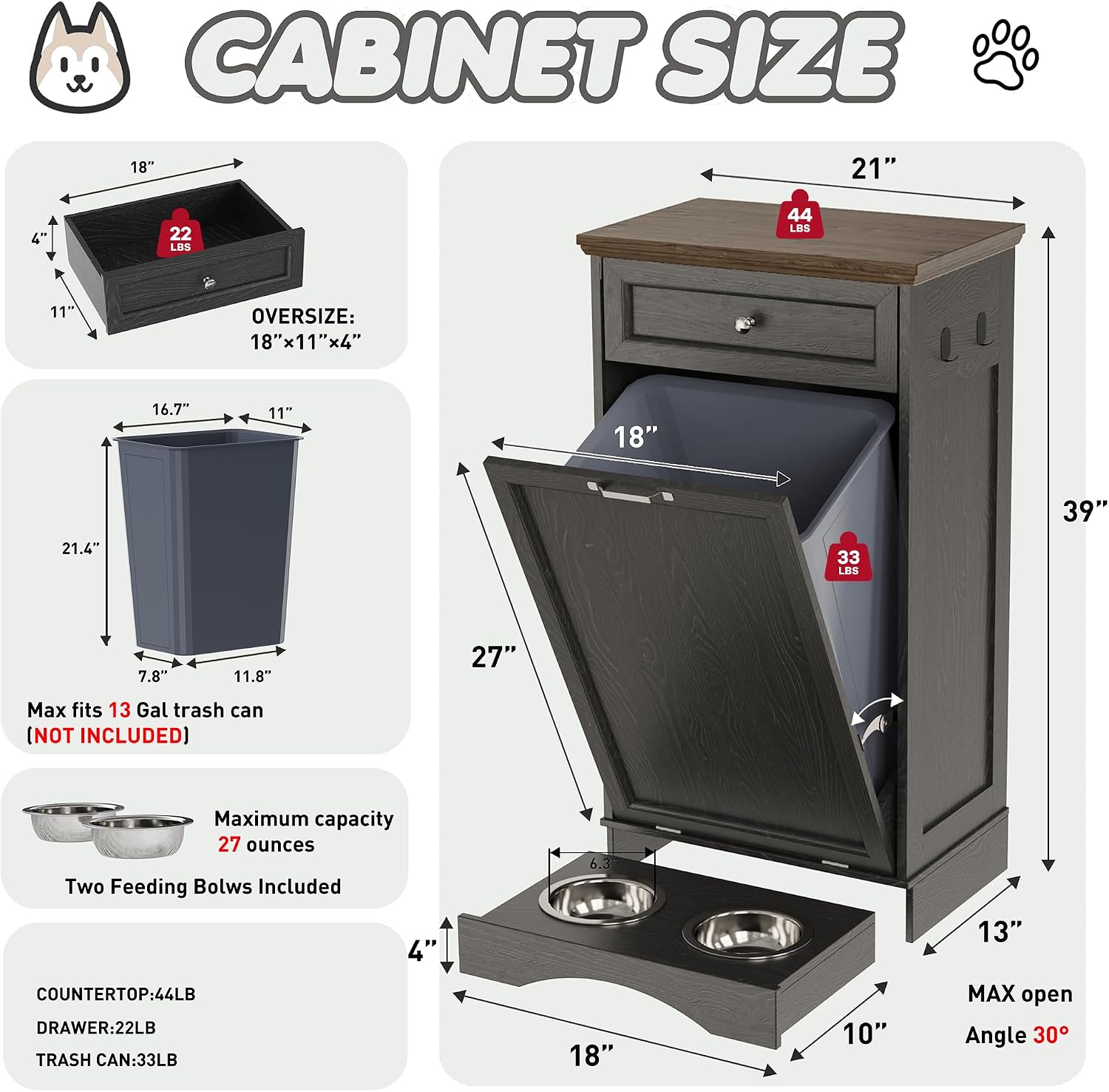 FIMELLO Dog Feeding Station, Tilt-Out Dog Food Storage Cabinet with Drawer,Pet Feeder Cabinet,Black Grain