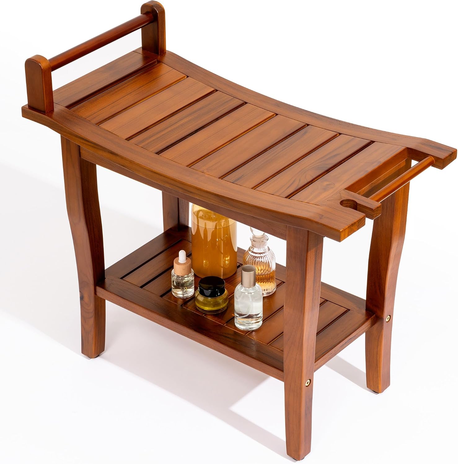 Axeman Premium Teak Shower Bench with Shelf – 24' 2-Tier Waterproof Shower Stool for Bathroom, Elderly & Shaving | Heavy-Duty 350lbs Capacity, Indoor & Outdoor Use