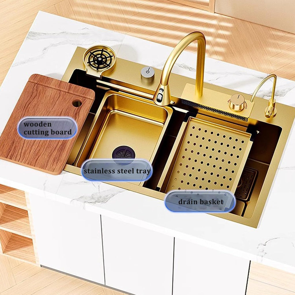 Golden Waterfall Sink Stainless Steel Sink Golden Waterfall Faucet Recessed Single Bowl Sink Complete Accessories (