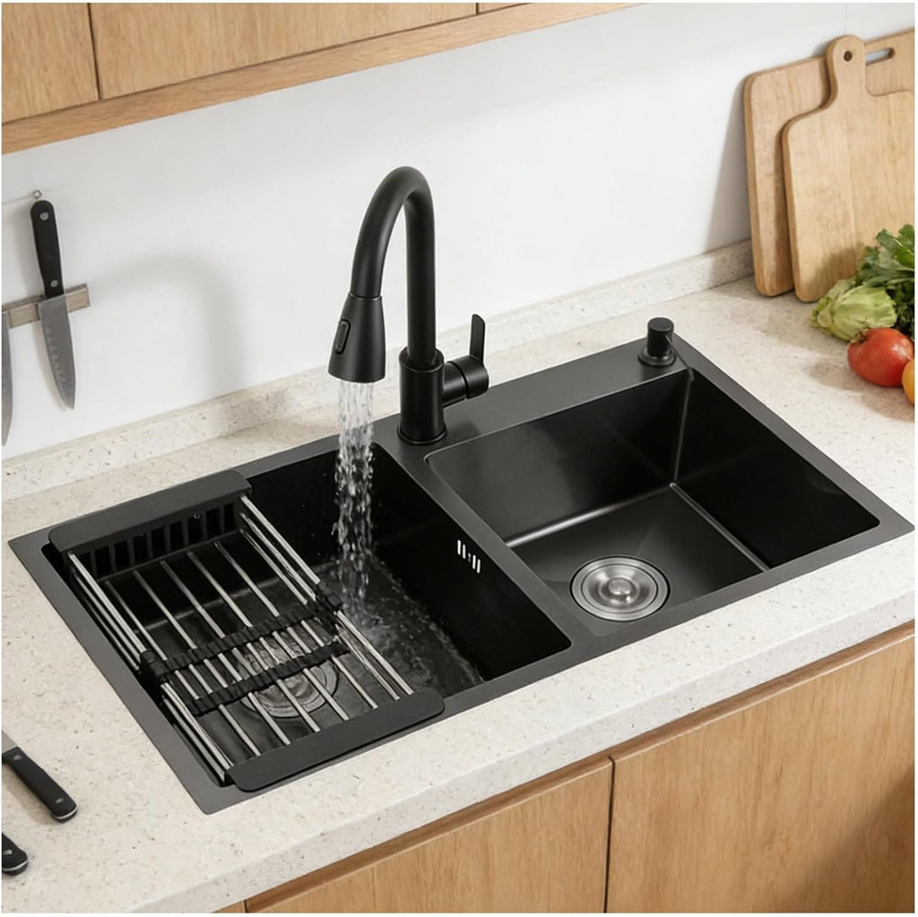 Black Kitchen Sink, Stainless Steel Single Bowl Sink, Drop in/Topmount Workstation Sink with Sliding Accessories, Farmhouse Workstation Sink with Accessories 68x45cm