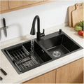 Black Kitchen Sink, Stainless Steel Single Bowl Sink, Drop in/Topmount Workstation Sink with Sliding Accessories, Farmhouse Workstation Sink with Accessories 68x45cm