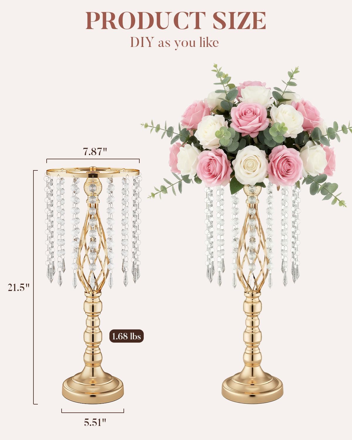 10 Pcs 21.5' Tall Gold Centerpieces for Table, Open Lattice Midsection Trumpet Base Vase Stands with Hanging Crystals, Metal Flower Holders for Wedding Receptions,Parties & Event Decor