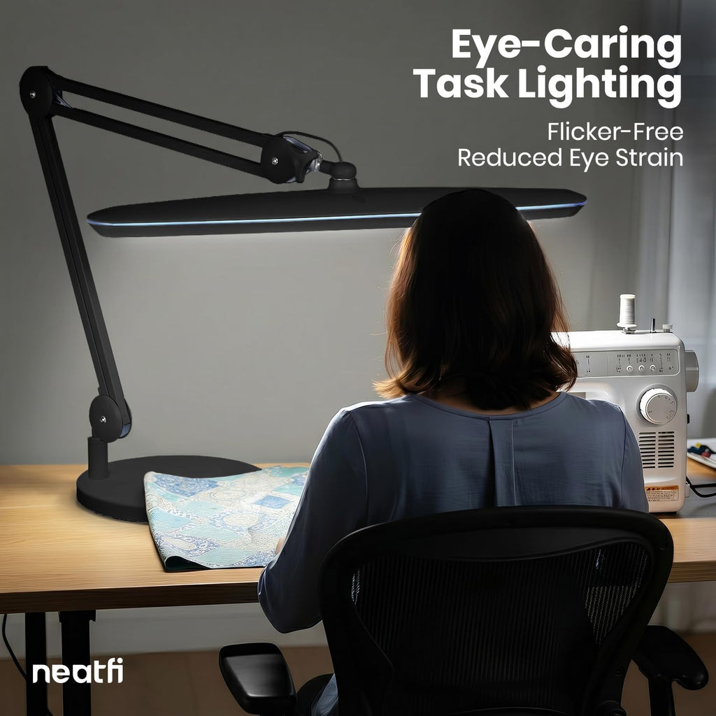 Neatfi XL 24W LED Desk Lamp – 2,200 Lumens | 23' Wide Shade | Dimmable Eye-Caring Task Light | Adjustable Arm | Office, Study, Crafting & Nail Techs (Black, Non-CCT with Base)