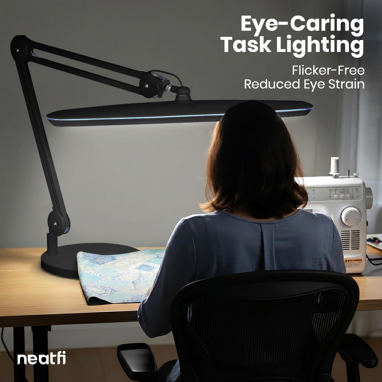 Neatfi XL 24W LED Desk Lamp – 2,200 Lumens | 23' Wide Shade | Dimmable Eye-Caring Task Light | Adjustable Arm | Office, Study, Crafting & Nail Techs (Black, Non-CCT with Base)