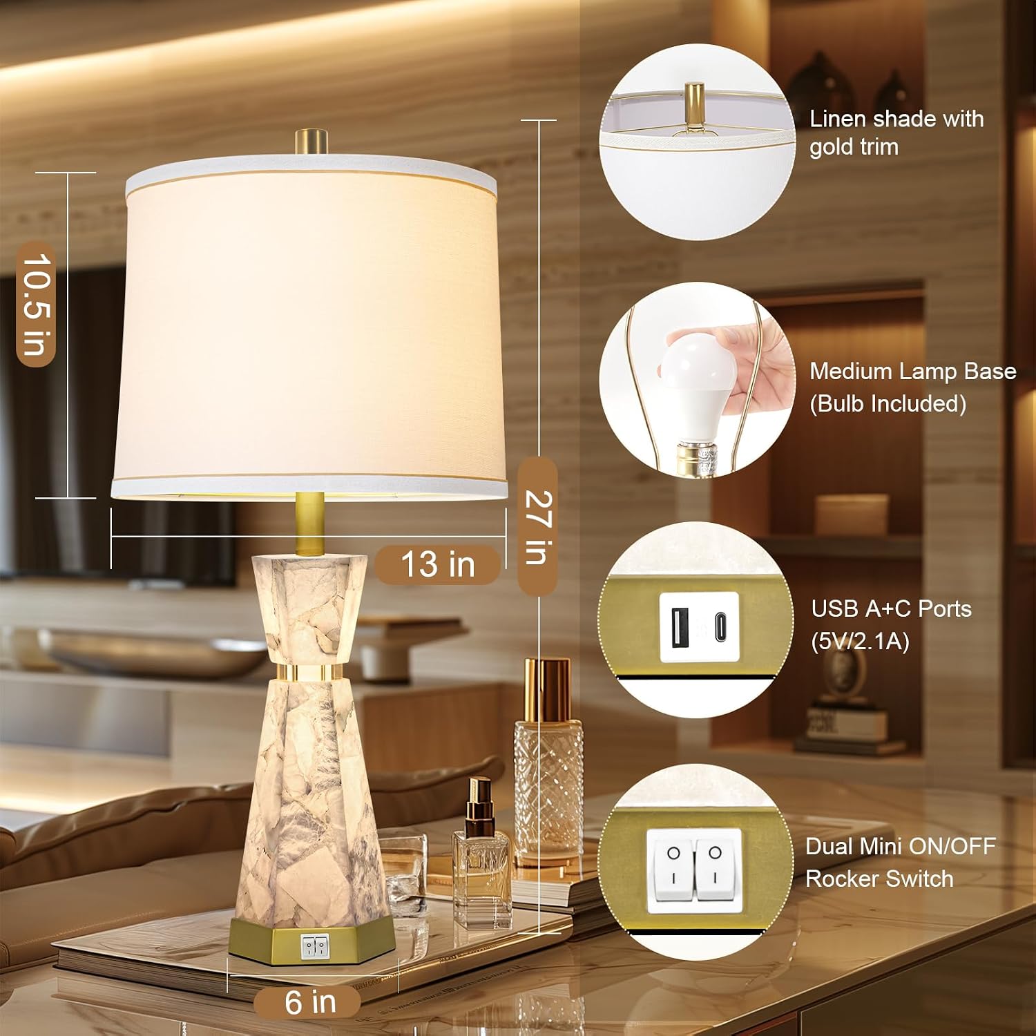 Natural Alabaster Table Lamp,Living Room Lamps Set of 2,Nightstand Lamp with Night Light,Lamps for Living Room With Linen Fabric Shade,Bedside Lamp with Usb A+C Ports for Bedroom,Hotel(Bulb Included)