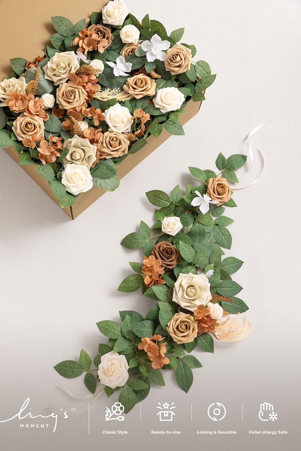 Ling's moment 6Pack 2ft Artificial Flowers Garland Beige Brown Lantern Flower Wedding Arch Floral Aisle Centerpieces Decor for Chair Signs Table Wall Window Cake Decoration（not Including Lanterns）