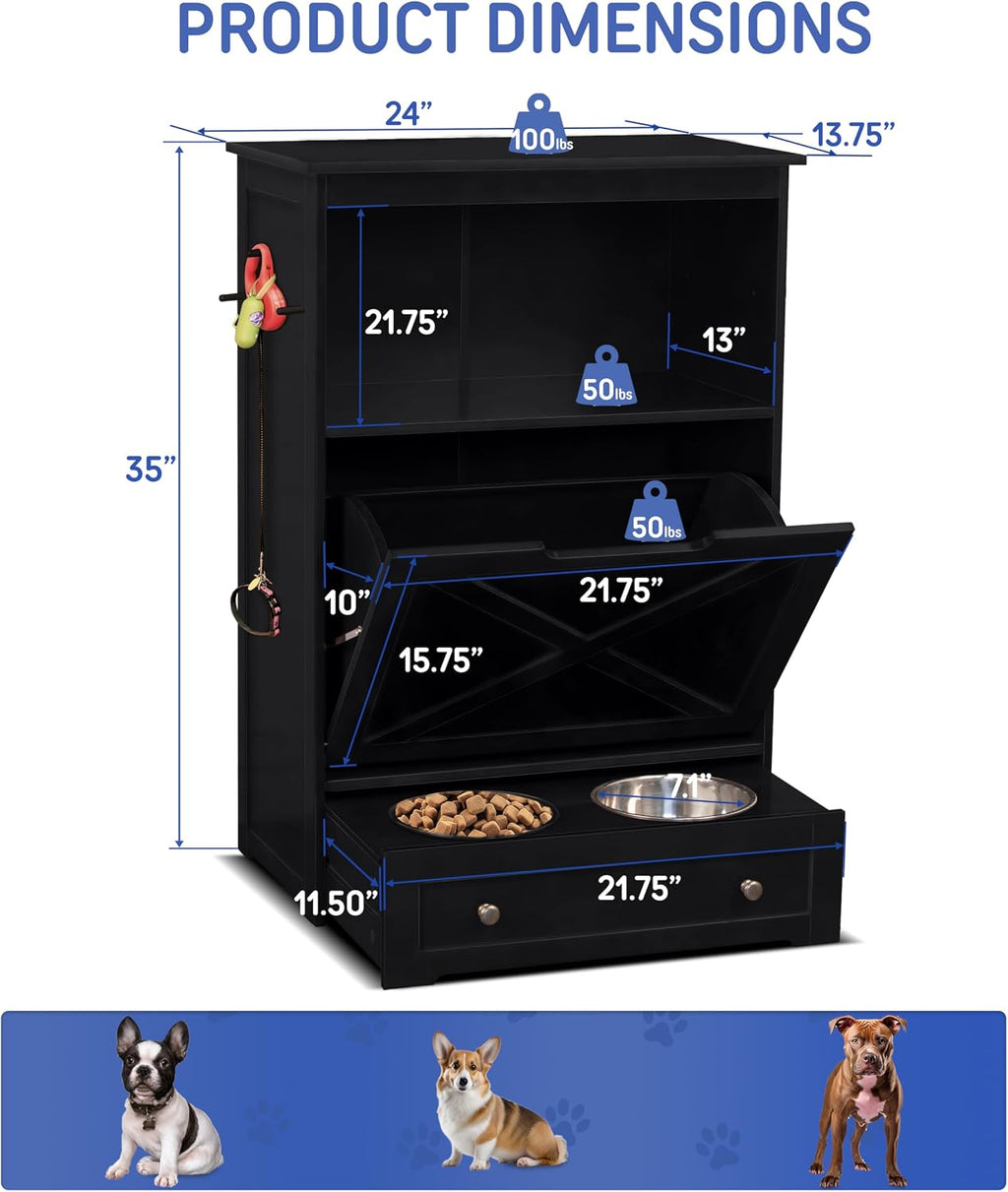 zoovilla Pet Feeding Station Furniture with Storage, Stylish Pet Food Cabinet with 2 Pull-Out Elevated Bowls, Tilt-Out Open Shelf Storage with 3 Hangers, Black.