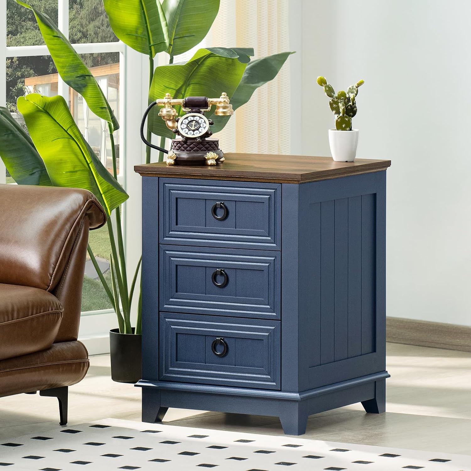 Joaxswe Night Stand Set of 2, Farmhouse 18' End Table with 3 Drawer Metal Handle, Dresser for Bedroom, Sofa Bed Side Table Chest of Drawers,Wood Nightstand Cabinet for Organizer, Living Room-Blue
