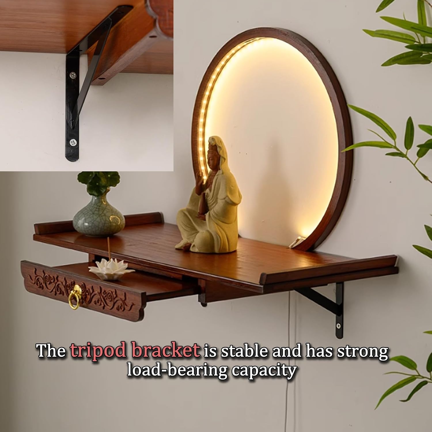 Wall-Mounted Buddha Statue Stand with LED Light Household Small Buddhist Shrine Altar Table with Retractable Pull Plate Bamboo Prayer Offering Table Wall Altar Shelf for Incense Offerings.(Walnut,50X2