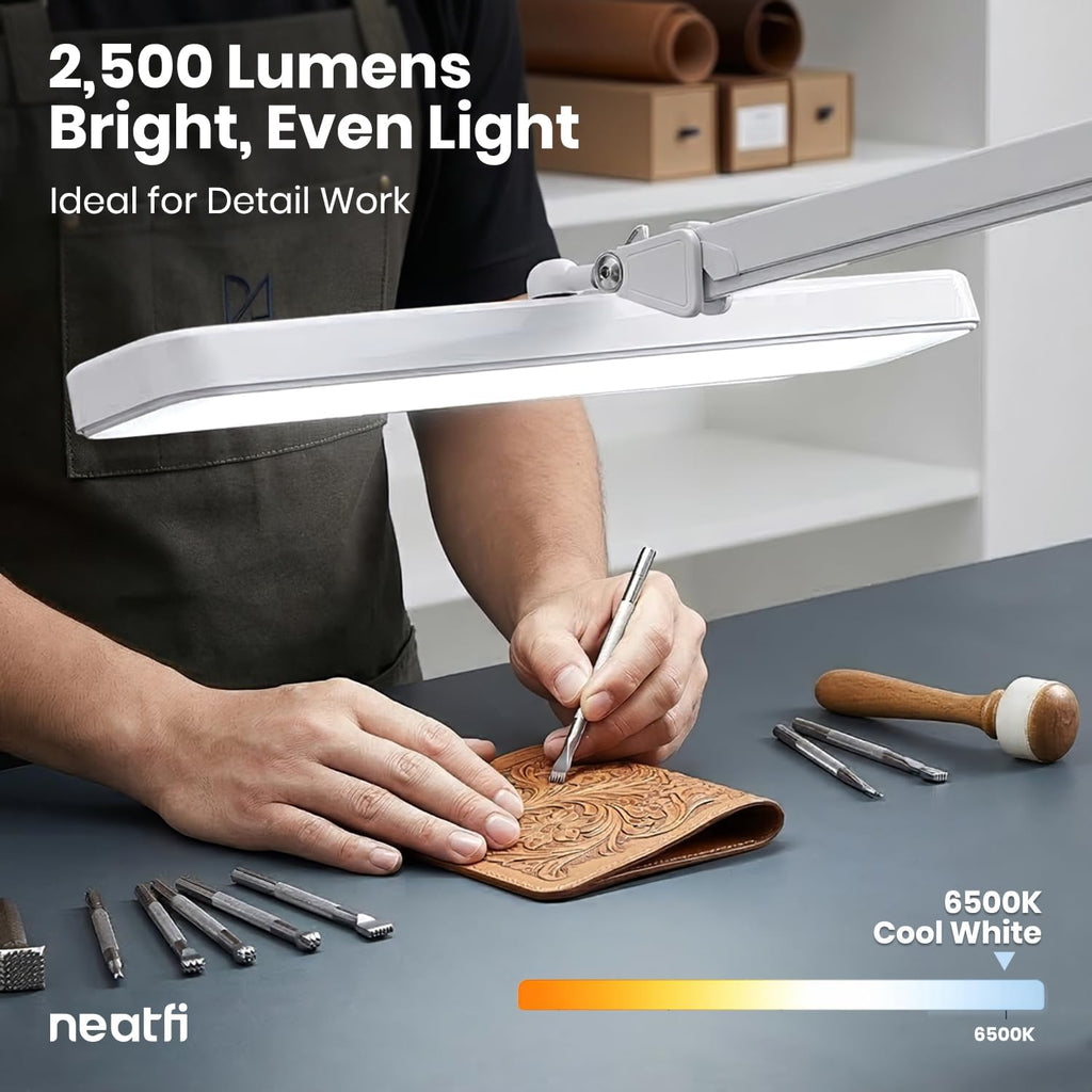 Neatfi XL 2,500 Lumens 30W LED Task Lamp for Manicure Table, Crafts, Workbench, Office - 22' Wide Shade Desk Light | Eye-Caring 6500K | 4-Level Brightnes (White, Non-CCT with Base)