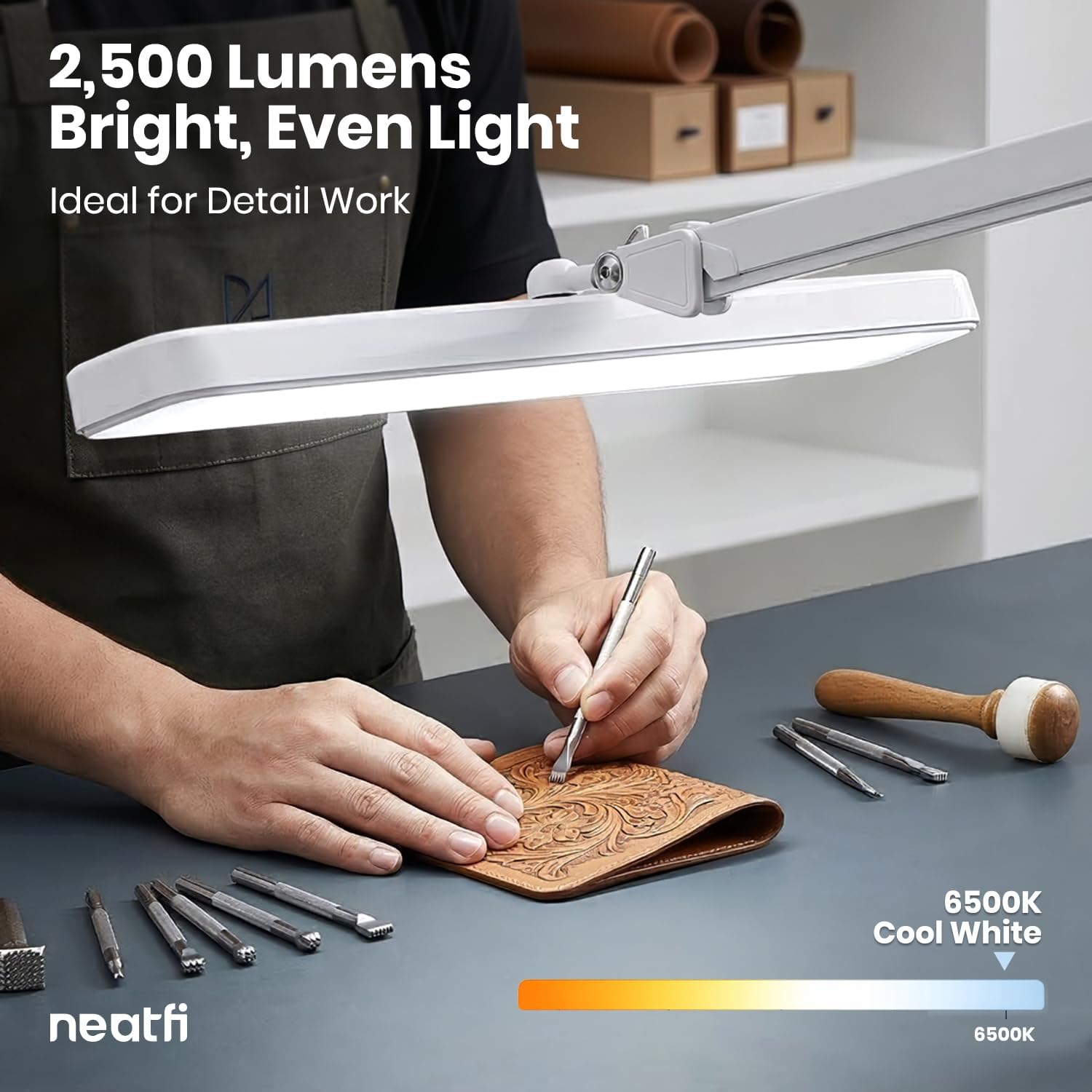 Neatfi XL 2,500 Lumens 30W LED Task Lamp for Manicure Table, Crafts, Workbench, Office - 22' Wide Shade Desk Light | Eye-Caring 6500K | 4-Level Brightnes (White, Non-CCT with Base)