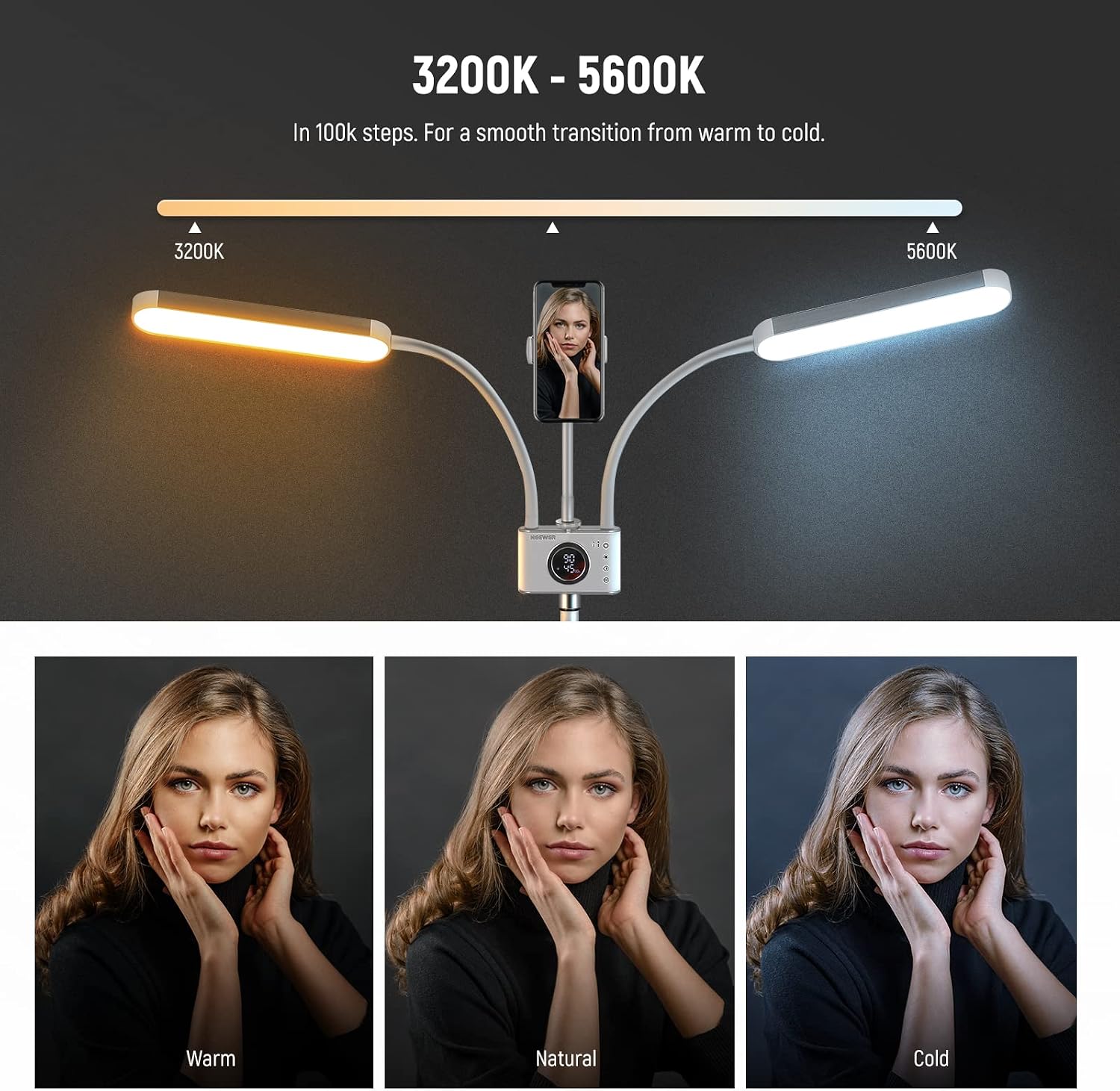NEEWER Esthetician Light with Phone Holder & Travel Bag Kit, Support 2.4G/PC/MAC Control & Separate Control of 2 LED Light Heads, CRI98+ Bi Color Stepless Dimmable Tattoo Lighting Lash Lamp, BH40B