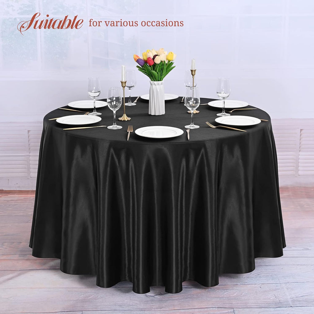 12 Pack 120 Inch Round Tablecloth, Black Satin Fabric Table Cloth for Round Tables, Wrinkle Resistant Washable TableCover Bright Silk Table Clothes for Wedding Party Dining Tables Banquet