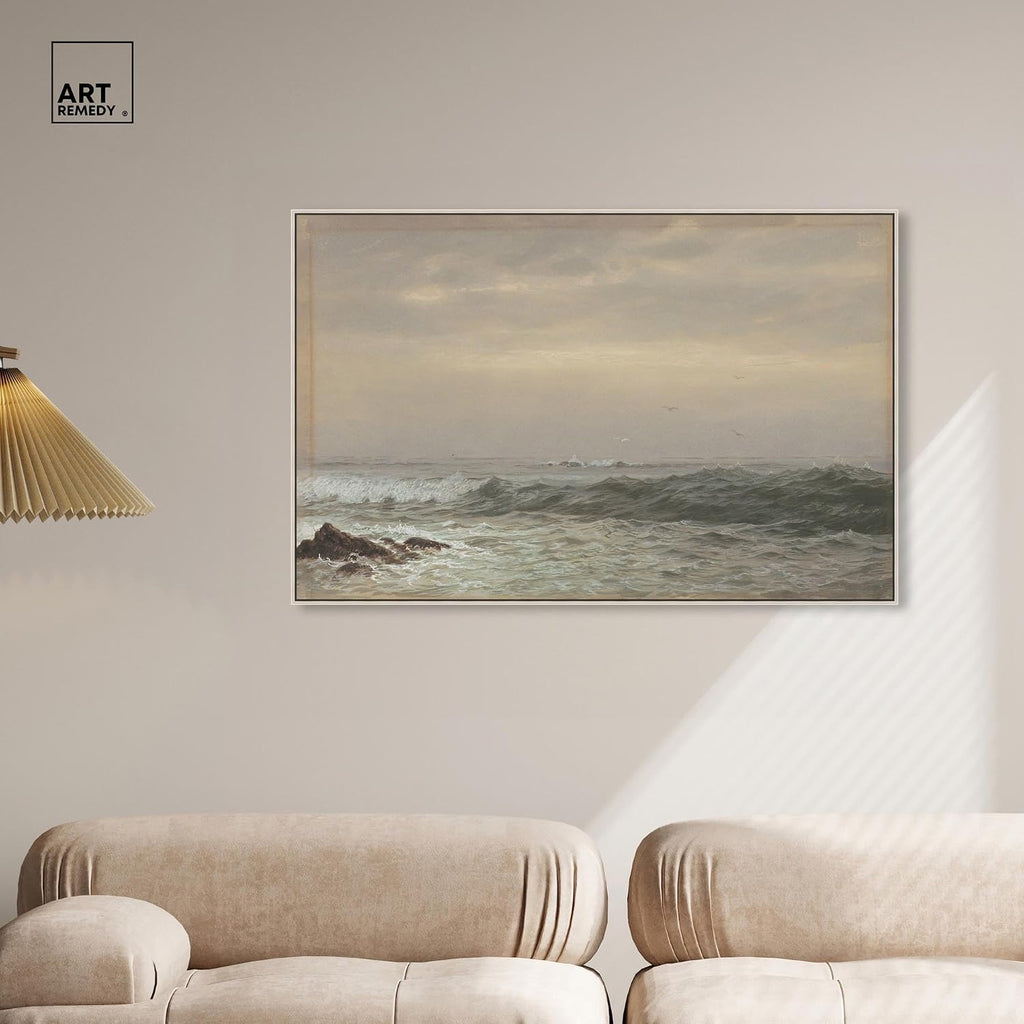 Art Remedy Rocks and Breaking Waves Canvas Coastal Classic Art, Silver Frame, 45' x 30'
