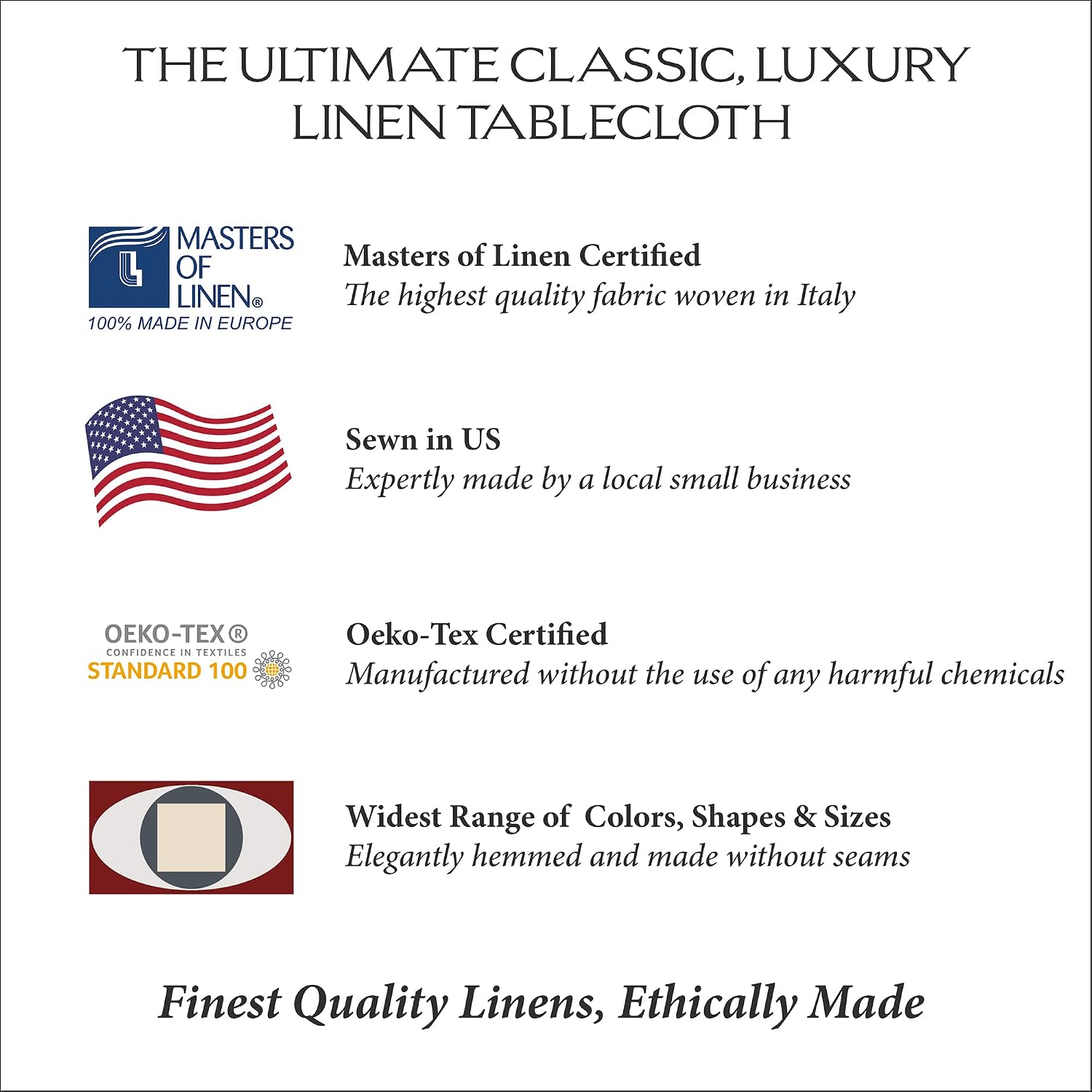 Huddleson White Square Linen Tablecloth 66x66 Square Table Cloth Luxury Italian Linen Sewn in US