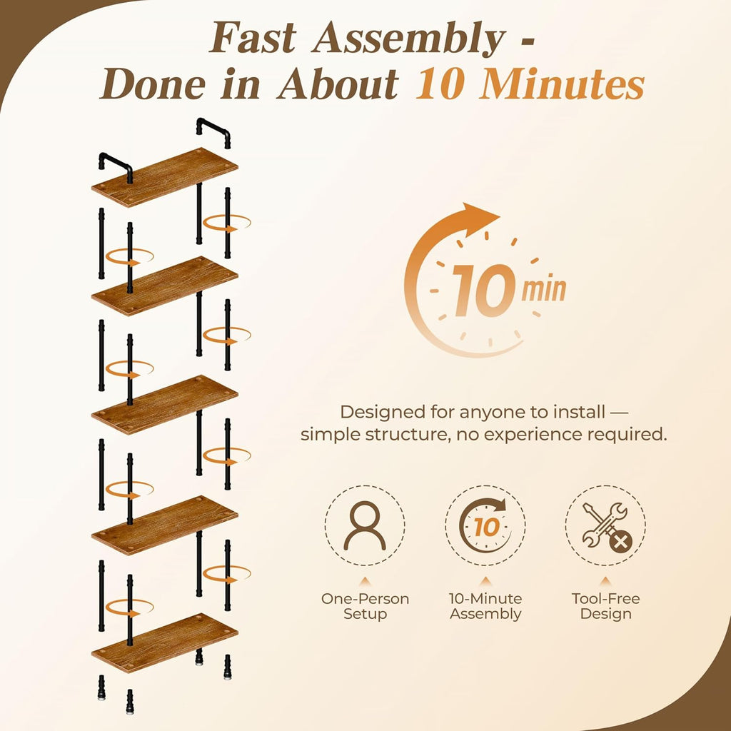 Industrial Bookshelf, Rustic Open Bookcase, 5 Tier Wood and Metal Bookshelf, Solid Pine Wood and Iron Pipe Tall Narrow Storage Shelf for Living Room Bedroom Office Kitchen