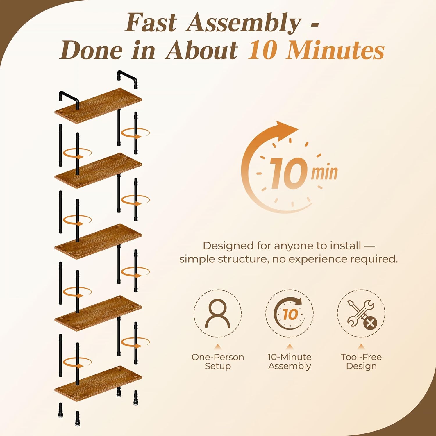 Industrial Bookshelf, Rustic Open Bookcase, 5 Tier Wood and Metal Bookshelf, Solid Pine Wood and Iron Pipe Tall Narrow Storage Shelf for Living Room Bedroom Office Kitchen