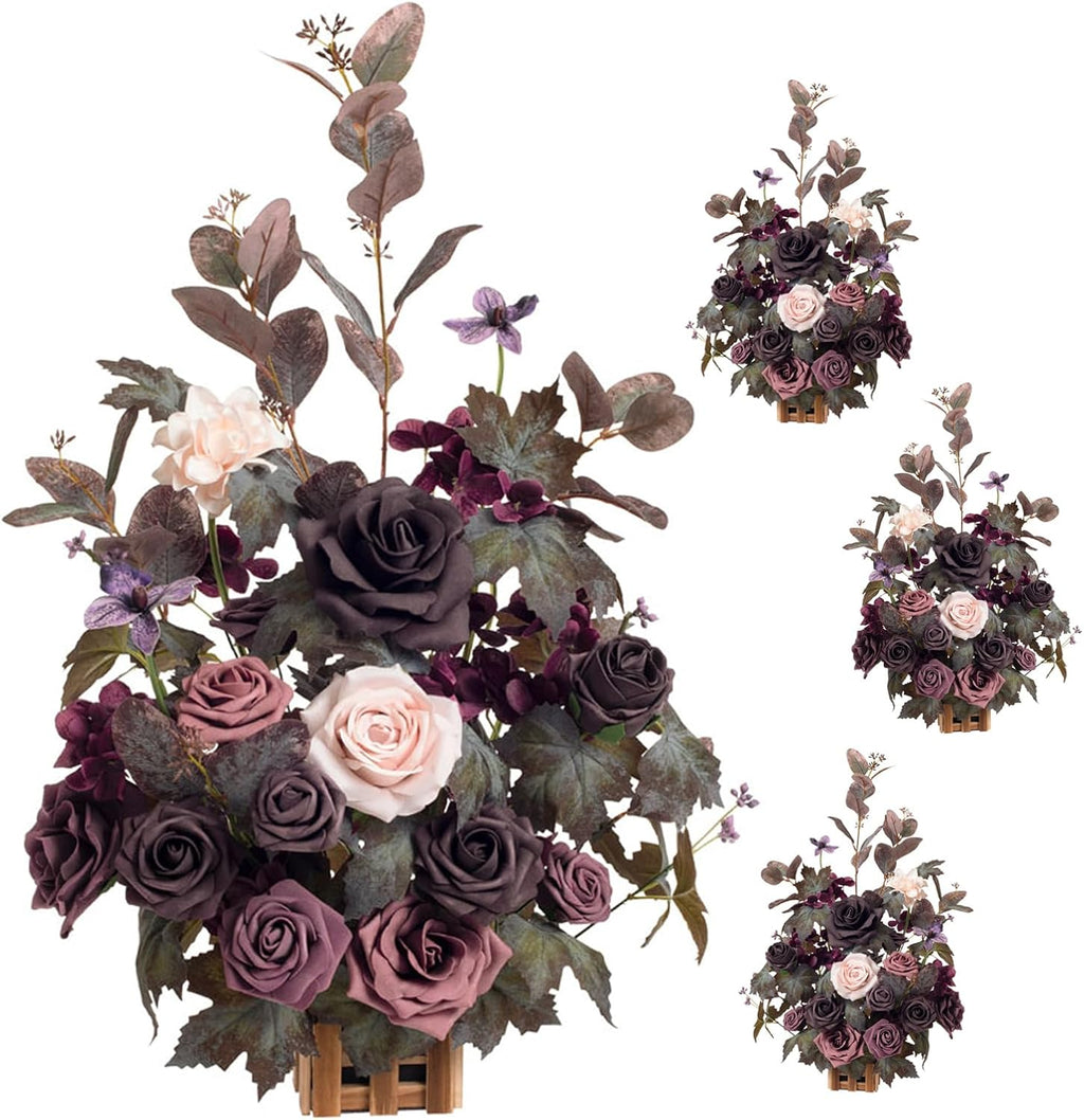 Ling's moment 17.5' Tall Standing Artificial Flowers Arrangements 4 pcs Fall Wedding Aisle Runner Chair Decorations Deep Plum Centerpieces for Ceremony Reception Rose Floral Party Outdoor