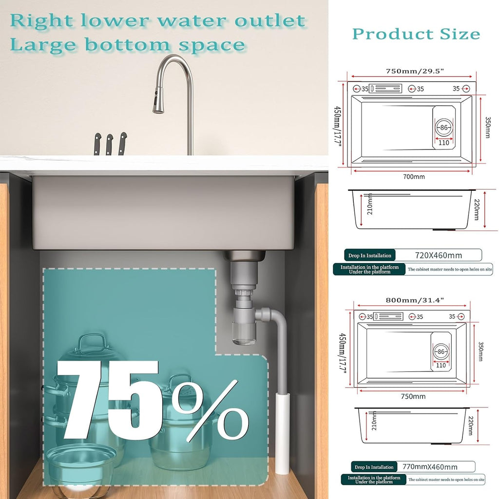 13-Piece Set Waterfall Kitchen Sink Stainless Steel Workstation Single Bowl Sink with Digital Display Pull-Out Faucet, Cup Washer, Control Knobs (Color : Black-Grey, Size : 75x46cm)