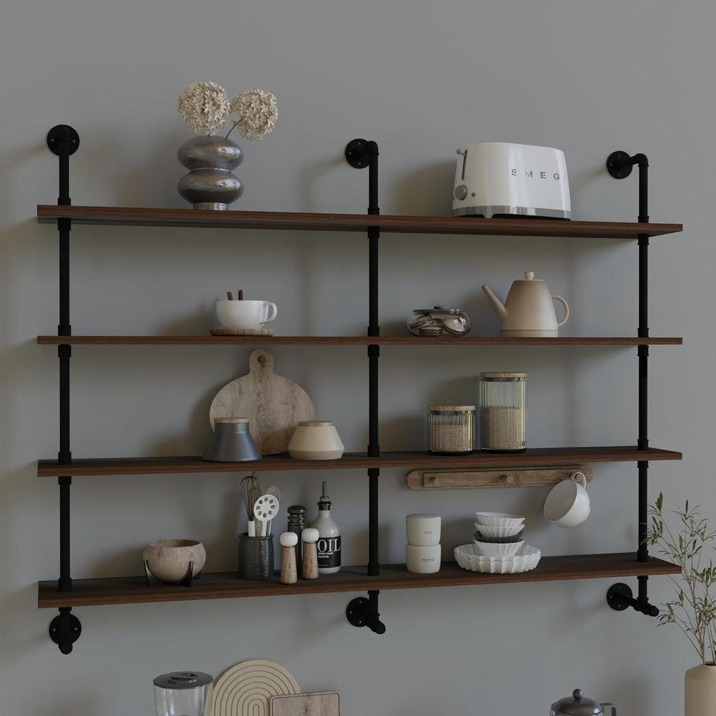 Industrial Pipe Wall Shelves Pipe Shelving with Real Wood Plank ,60 Inches Floating Shelves for Wall Farmhouse Pipe Book Shelves Dark Brown 4 Tier for Kitchen,Living Room Decor and Bar Shelving
