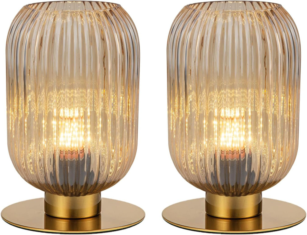 Table Lamp for Bedroom Nightstand Set of 2, Midcentury Modern Table Lamp Living Room Small End Table lamp, Amber Glass Bedside Lamp Gold Bedside Lamp with On/Off Switch on Plug in Cord