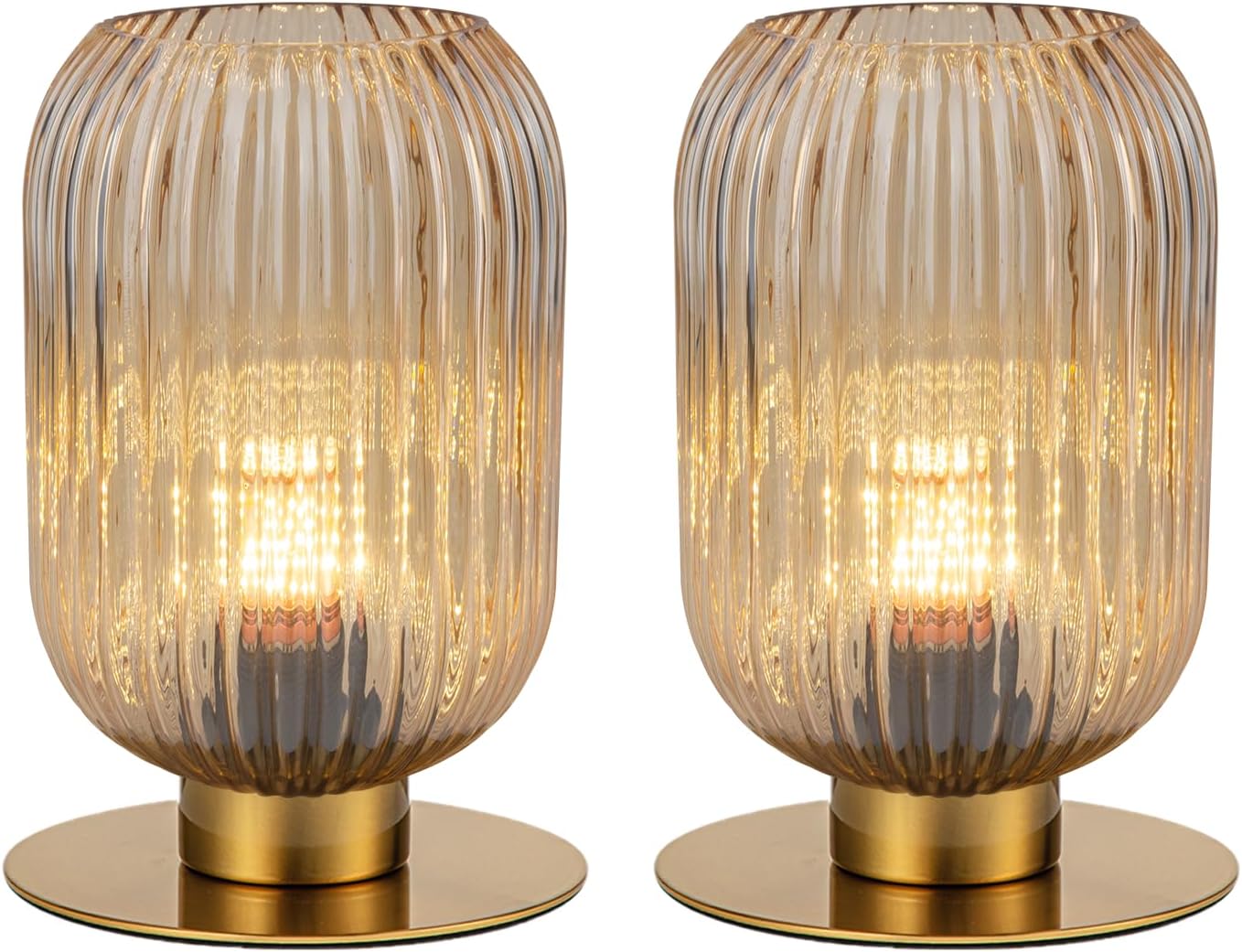 Table Lamp for Bedroom Nightstand Set of 2, Midcentury Modern Table Lamp Living Room Small End Table lamp, Amber Glass Bedside Lamp Gold Bedside Lamp with On/Off Switch on Plug in Cord