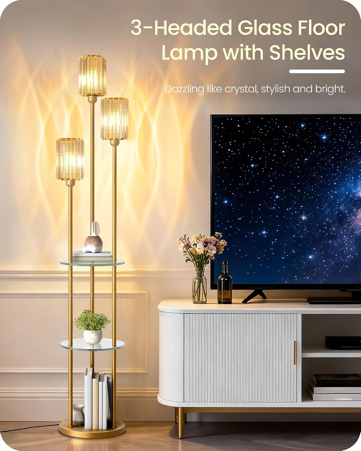 Gold Floor Lamp with Shelves, Modern Floor Lamp with 3 Crystal Shades and Foot Switch, 3-Light Standing Lamp with 3 Shelves, for Living Room, Bedroom, Study, Office, Gold D53LD05