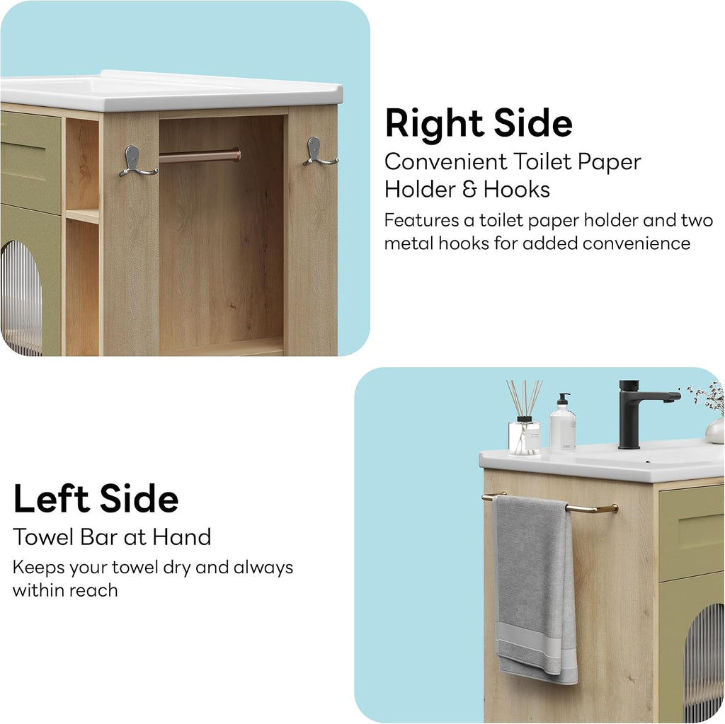 LIKIMIO 30 inch Bathroom Vanity with Sink, Bathroom Vanities Cabinet with Ceramic Sink, Arched Glass Door Storage with Adjustable Shelf, Solid Wood Legs, Towel Bar & Toilet Paper Holder
