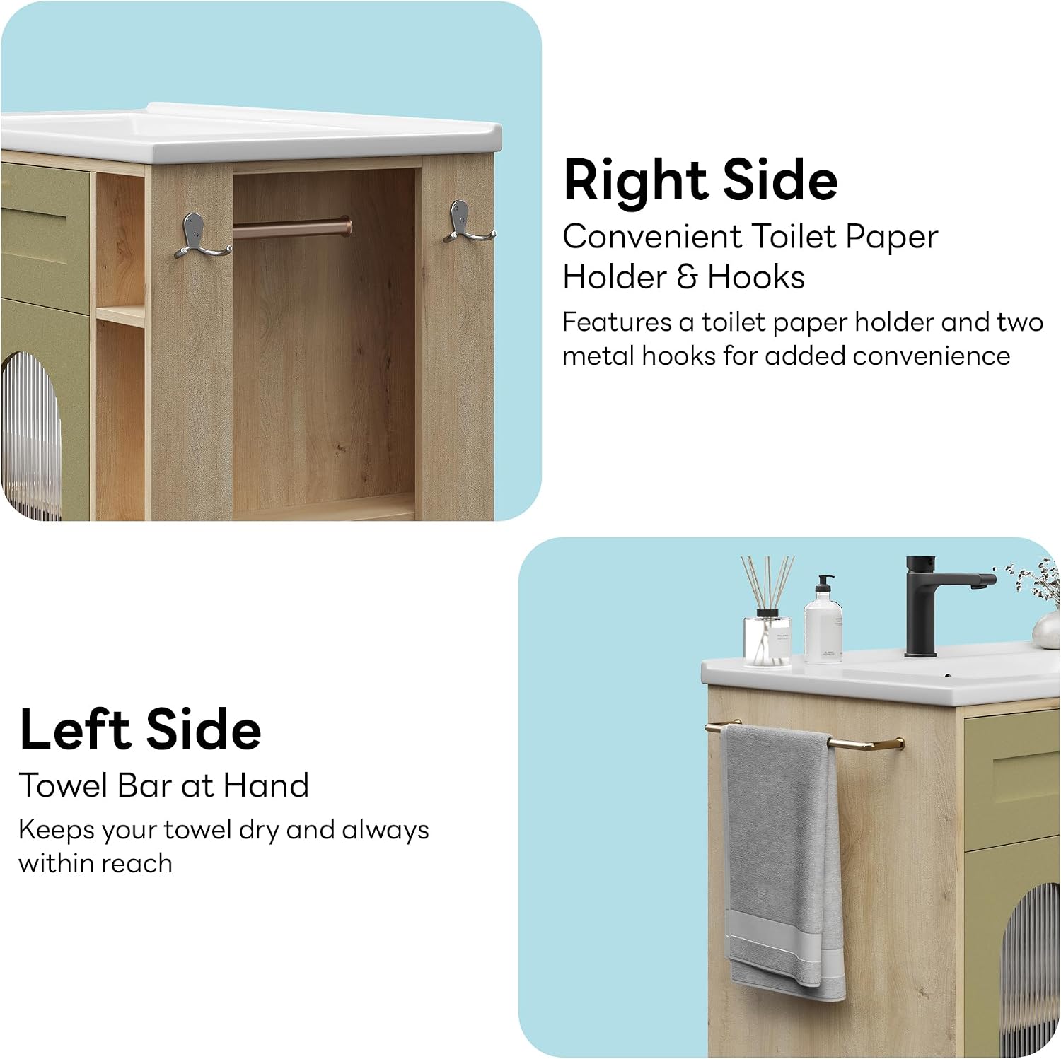 LIKIMIO 30 inch Bathroom Vanity with Sink, Bathroom Vanities Cabinet with Ceramic Sink, Arched Glass Door Storage with Adjustable Shelf, Solid Wood Legs, Towel Bar & Toilet Paper Holder