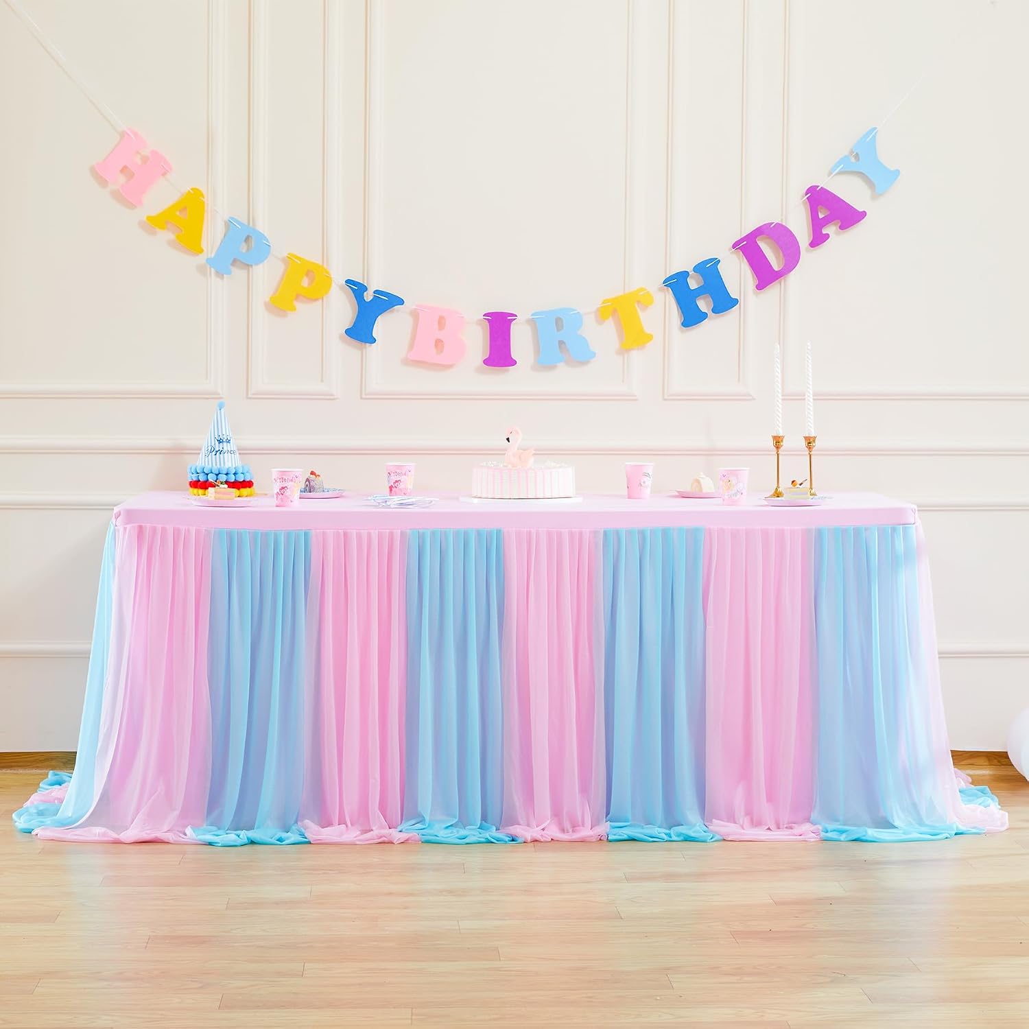 Besutolife Blue Pink Tulle Tablecloth for Rectangle Tables 6ft 3 Sides for Wedding Birthday Party Baby Shower Cake Dessert Buffet Banquet Table Decorations 6Pack