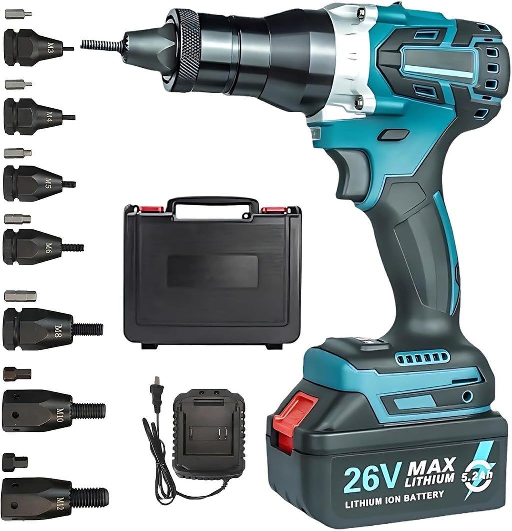 SHAHRYAR Battery Powered Pop Rivet Insert Installation Tool,Electric Riveter, 2 Speeds-5200mah,for M3 M4 M5 M6 M8 M10 M12 Nuts for Easy Assembly and Fastening