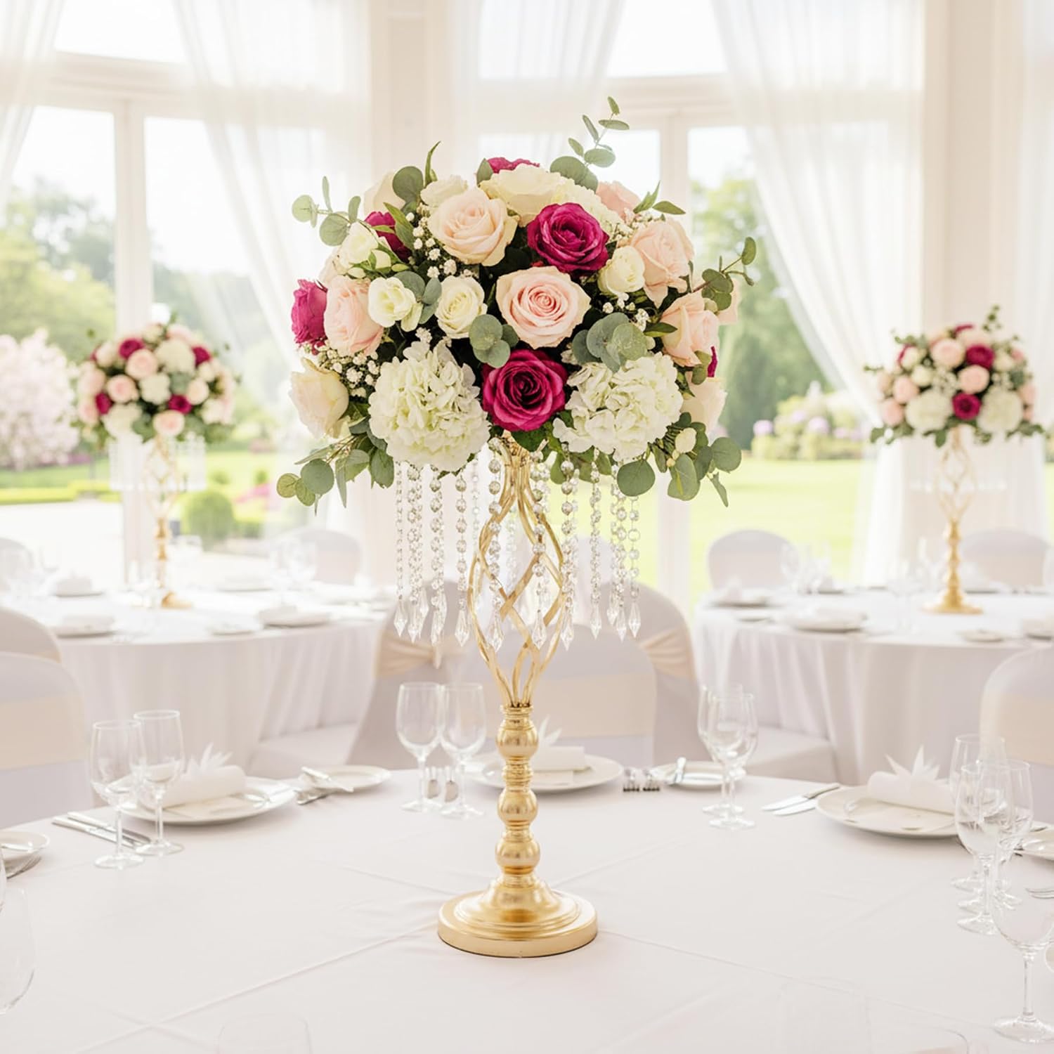 Metal Flower Stands with Crystal Beads - Wedding Centerpieces for Table Decorations, Elegant Metal Flower Arrangement Stands, Flower Vases for Wedding Party Celebration Home Decor (Gold-10pcs)