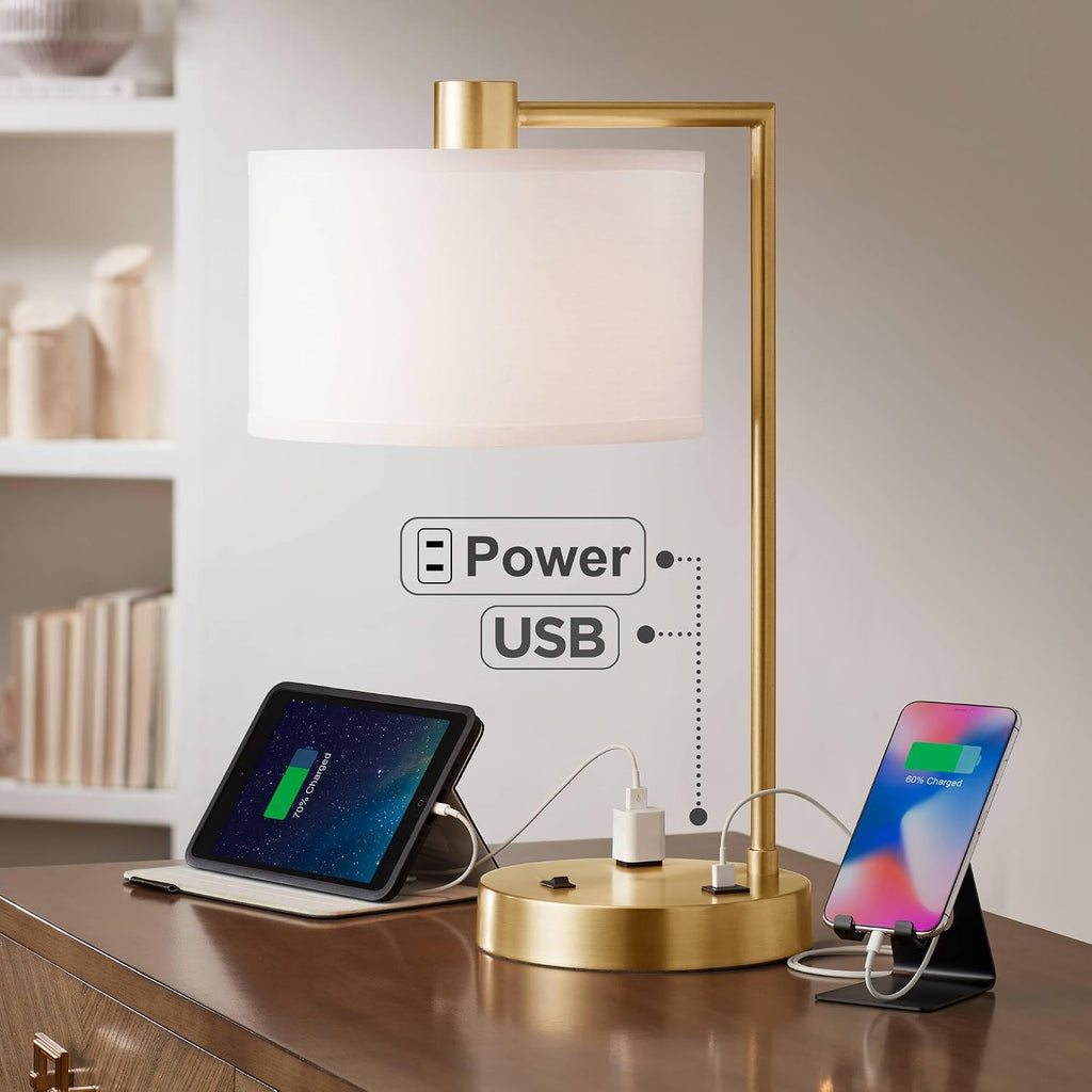 360 Lighting Colby 21' High Modern Accent Table Lamp with USB Charging Ports A+C and AC Power Outlet in Base Brass White Linen Drum Shade for Bedroom Living Room House Home Desk Bedside Nightstand