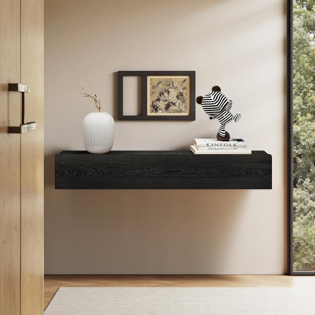 Floating Solid Wood Console Table, 47'' Wall Mounted Narrow Entryway Table with Storage Shelf, Modern Couch Shelves Small Entry Way Tables for Entryway, Front Hall, Hallway (Black)