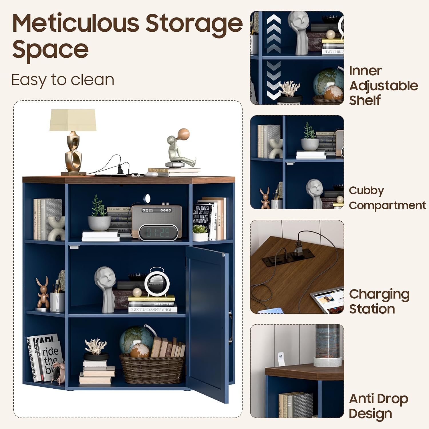 Halitaa Corner Storage Cabinet, Farmhouse Corner Bookshelf with Storage 6-Cubby Wooden Cabinet with USB Ports and Outlets Industrial Organizer for Small Space, Study, Playroom, Blue and Brown