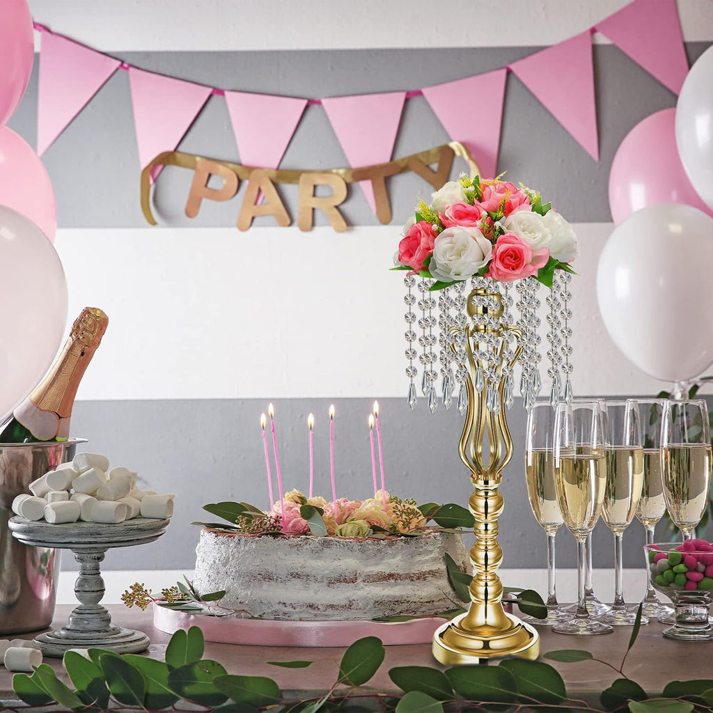 Didaey 16 Pcs Wedding Centerpieces for Tables, Gold Silver Vase Centerpiece with Chandelier Crystal Metal Flower Stand, Tall Flower Vases for Wedding Party Home Decoration(Gold,21.3')