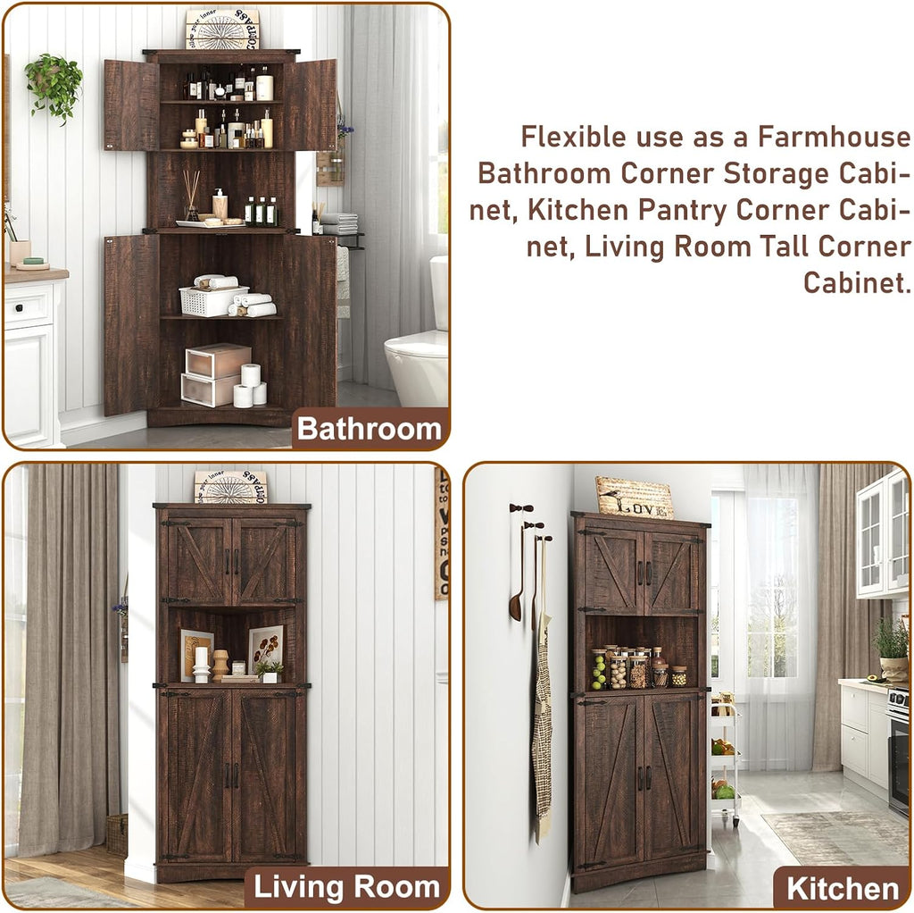 Hlivelood 68' Tall Farmhouse Corner Cabinet, 5-Tier Large Storage Cabinet with 4 Barn Doors & Adjustable Shelves, Bathroom Cabinets with Storage for Living Room, Kitchen, Bathroom, Brown