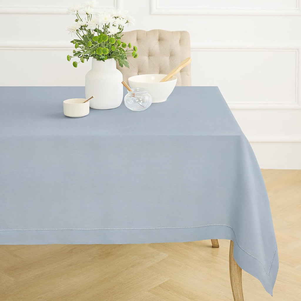 Solino Home Dusty Blue Linen Tablecloth 60 x 120 Inch - 100% Pure Linen Hemstitch Table Cloth for Rectangle Tables - Classic Hemstitch, Machine Washable Tablecloth for Summer