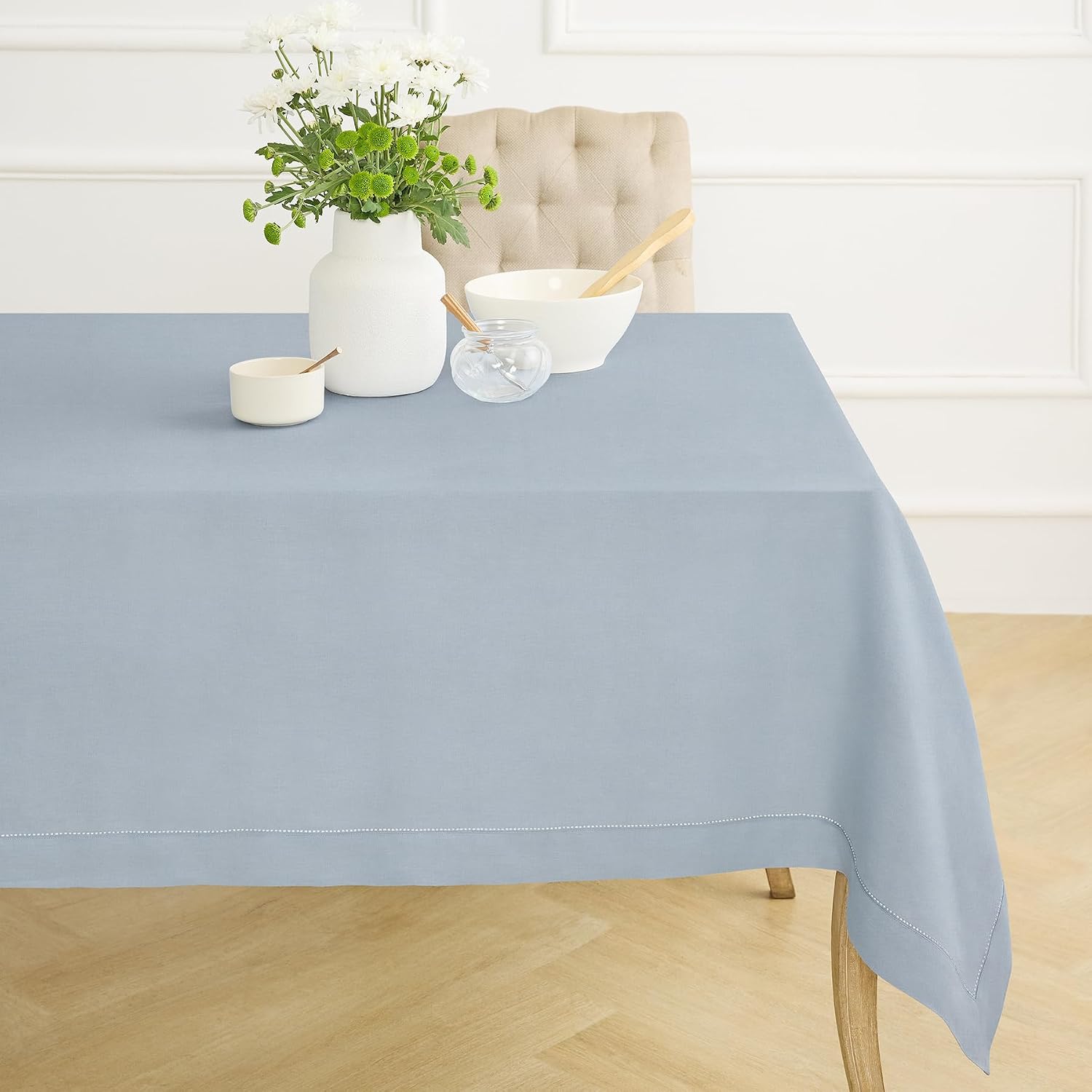 Solino Home Dusty Blue Linen Tablecloth 60 x 120 Inch - 100% Pure Linen Hemstitch Table Cloth for Rectangle Tables - Classic Hemstitch, Machine Washable Tablecloth for Summer