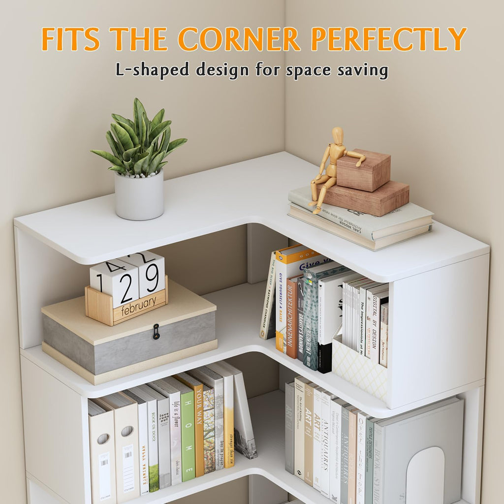IOTXY 6-Tier L-Shaped Corner Bookshelf - 66' Tall Wooden Freestanding Bookcase with Open Shelf Units, White