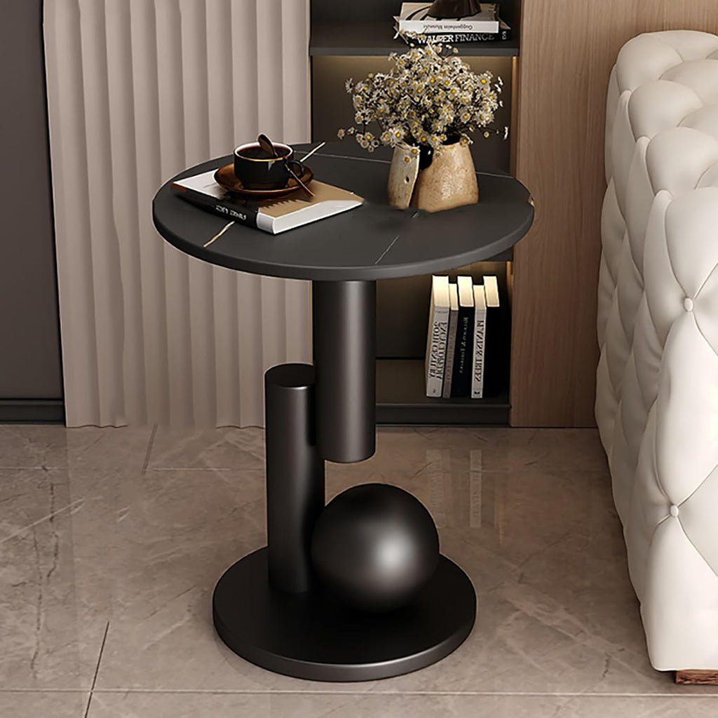 Round Side Table, Accent End Table, Sofa Side Table, Small Drink Table, Great for Living Room, Bedroom, Indoor & Outdoor (Color : Black+Black, Size : 45x55cm)