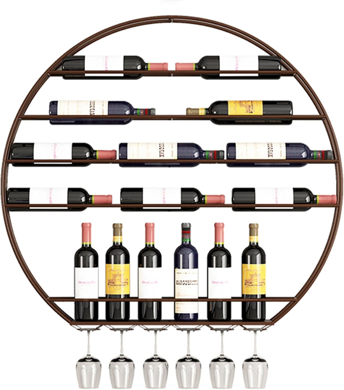 Round Wine Rack Wall Mounted Floating Bar Shelves Liquor Bottle Display Shelf Wall Mounted for Liquor Bottles Holder with Hanging Wine Glass Rack Bar Stand for Home Bar Dining Room Kitchen(Copper,100*