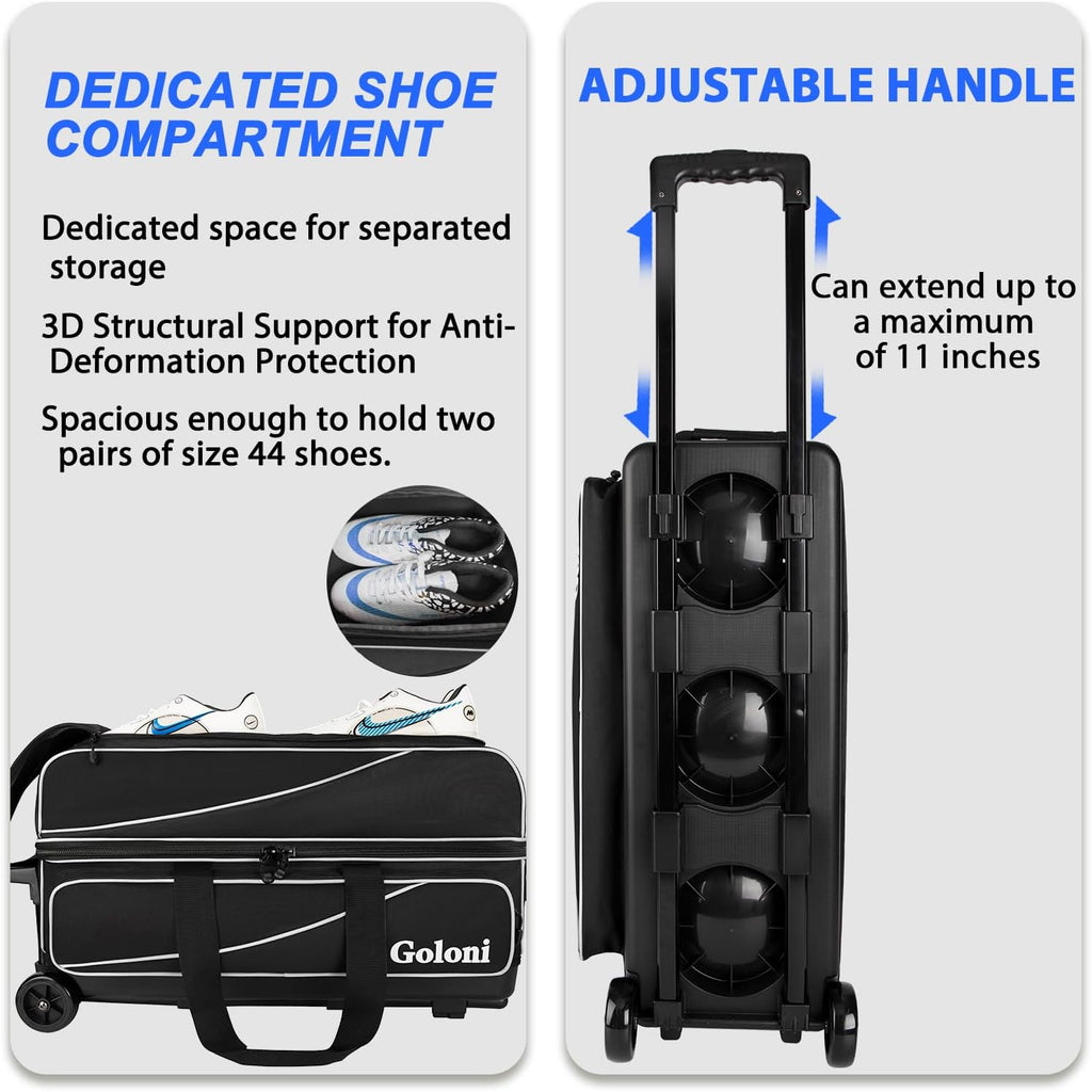 Goloni 3 Ball Bowling Bag with Wheels, Rolling Bowling Roller Bag with Retractable Handle for Balls & Bowling Accessories