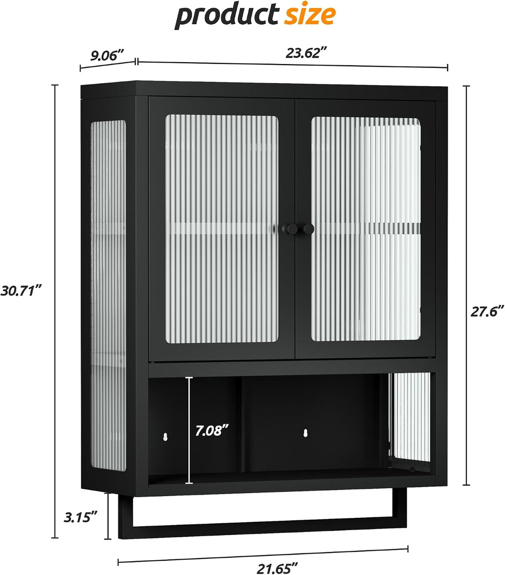 Bathroom Wall Cabinet, Over The Toilet Space Saver Storage Cabinet, Medicine Cabinet with 2 Glass Door and Towel Bar, Metal Wall Mounted Cabinet for Bathroom Laundry Room Kitchen