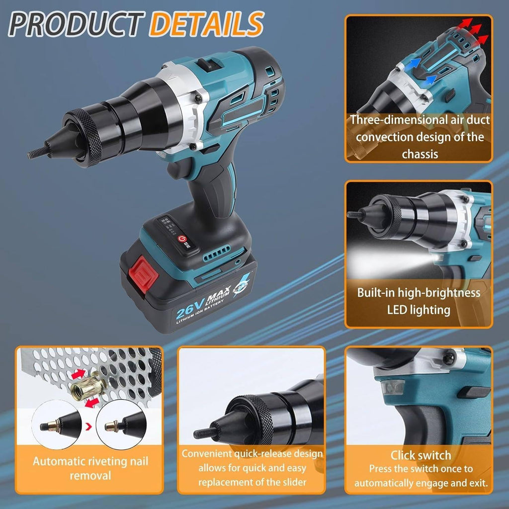 Cordless Brushless Rivet Gun, Cordless Rivet Tool, Pop Rivet Gun, Electric Rivet Gun, Automatic Manual Range Memory Mode Electric Assembly Nutsert Gun for M3 M4 M5 M6 M8 M10 M12 Rivet Nuts,5200mah*2